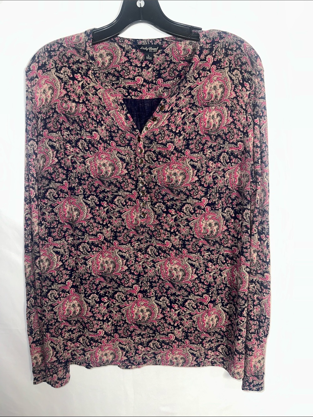 Lucky Brand Black Paisley Long-Sleeve V-Neck Blouse with Pink Accents